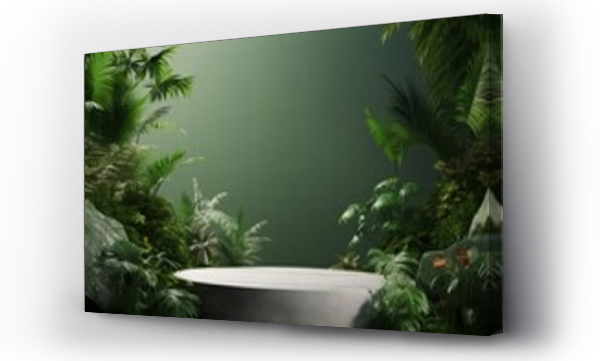 Wizualizacja Obrazu : #638282442 Concrete podium in tropical forest for product presentation and green wall, Generative AI