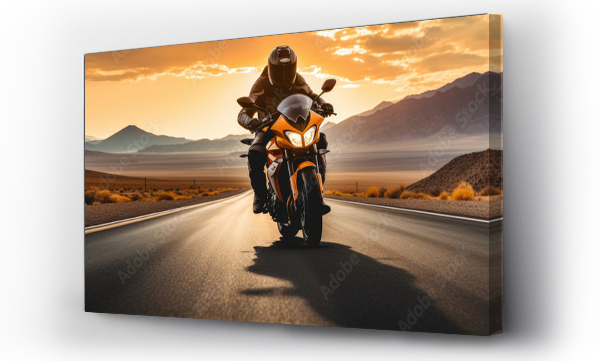 Wizualizacja Obrazu : #638428593 Driver riding motocycle on empty road in sunset light.  Panorama photo.