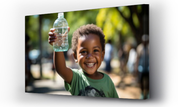Wizualizacja Obrazu : #638487246 Thirsty happy little child with bottle of pure fresh drinking water in his hand. Draught in Africa, lack of clean water, worlds global warming problem concept. Generative AI Technology