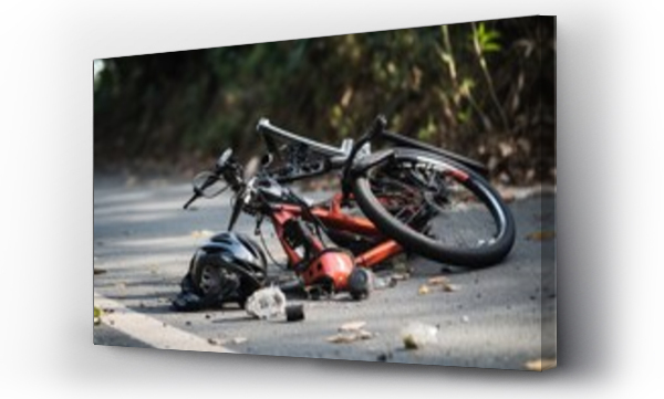 Wizualizacja Obrazu : #638594174 Broken bicycle on the road. Accident in the road. Bicycle crash road accident with broken bike and helmet, AI Generated