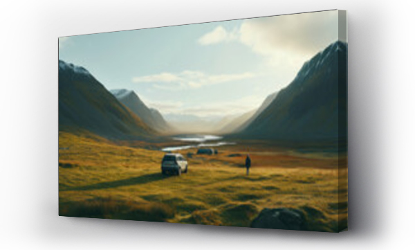 Wizualizacja Obrazu : #639032290 Travelling in a 4x4 car through a landscape with lake and mountains