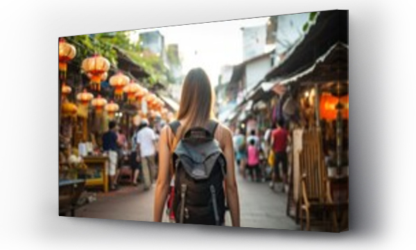 Wizualizacja Obrazu : #639105646 Young Asian traveling backpacker in Khaosan Road outdoor market in Bangkok, Thailand