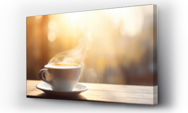 Wizualizacja Obrazu : #639169337 Cup of Coffee on a wooden Table on a Autumn blurred Background Outdoor, Copy space. Coffee in Cafe