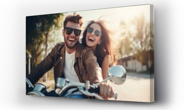 Wizualizacja Obrazu : #639425562 Couple in adore riding a motorbike Good looking fellow and youthful provocative lady travel Youthful riders getting a charge out of themselves on trip Experience and excursions concept