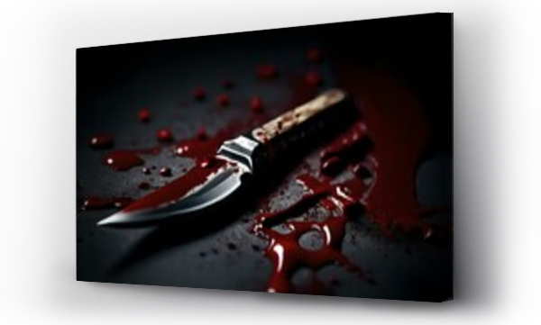 Wizualizacja Obrazu : #639978538 A scary crime scene is shown with a bloody knife on a dark surface, AI Generated