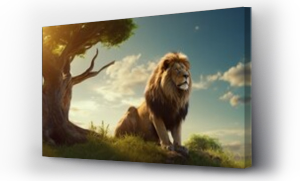Wizualizacja Obrazu : #640135006 Beautiful lion mountain next tree animal picture Ai generated art