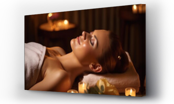 Wizualizacja Obrazu : #640220285 Portrait of young woman at spa in dark light with candles and lights , massage and relax concept