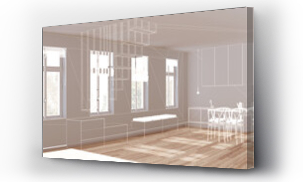 Wizualizacja Obrazu : #640305628 Empty white interior with parquet floor and window, custom architecture design project, white ink sketch, blueprint showing kitchen with island and sitting bench