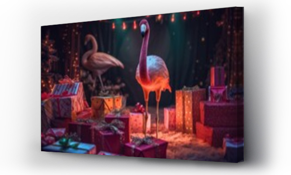Wizualizacja Obrazu : #640845225 elegant tropical flamingo with christmas gift boxes on blurred party background