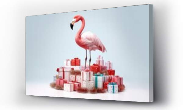 Wizualizacja Obrazu : #640845802 elegant tropical flamingo with christmas gift boxes on white background