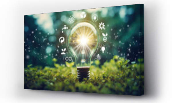 Wizualizacja Obrazu : #641270098 lightbulb in green forest with the icon environment of ESG, co2, circular company, and net zero. Technology Environment, Organization Sustainable development environmental