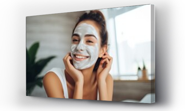 Wizualizacja Obrazu : #641976558 Attractive cheerful Smiling young woman applying face mask skin healthy and treatment therapy in fornt of bathroom mirror morning freshness lifestyle at home