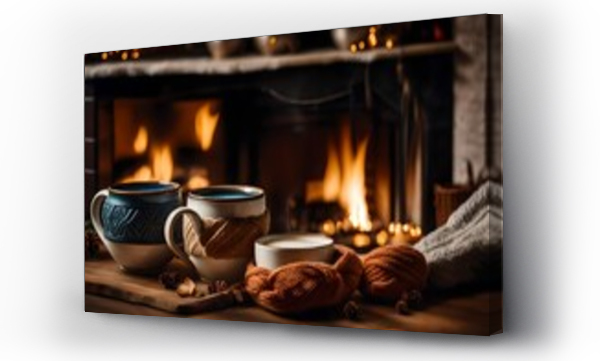 Wizualizacja Obrazu : #642190150 Two mugs for tea or coffee, woolen things near cozy fireplace, in country house, winter vacation, horizontal 