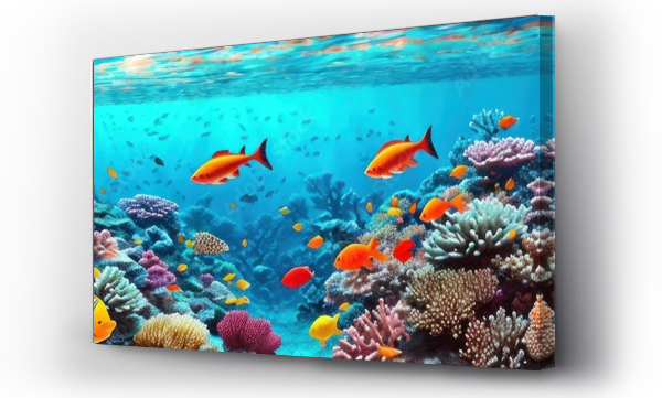 Wizualizacja Obrazu : #642343830 underwater coral reef landscape wide panorama background in the deep blue ocean with colorful fish and marine life . Banner