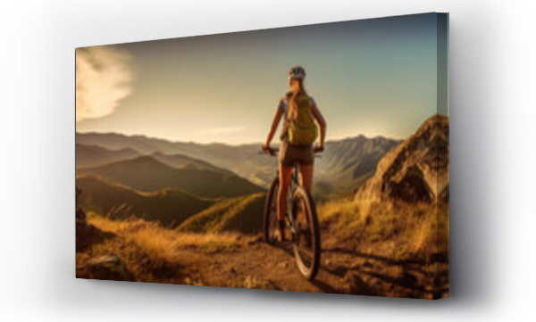 Wizualizacja Obrazu : #643326828 Woman stands with sports bike on mountain top, person on bicycle in summer