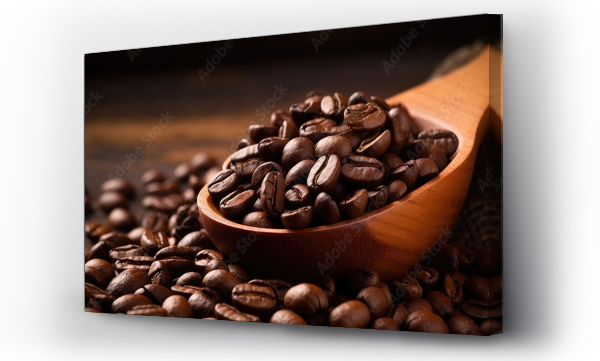 Wizualizacja Obrazu : #643523202 Roasted coffee beans in wooden scoop on brown background with a blank area