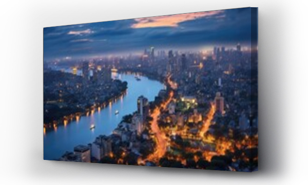 Wizualizacja Obrazu : #643524940 Chao Phraya River and cityscape at twilight, Bangkok, Thailand, Aerial skyline view of Hanoi. Hanoi cityscape at twilight, AI Generated