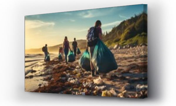 Wizualizacja Obrazu : #644576344 Group of eco volunteers picking up plastic trash on the beach