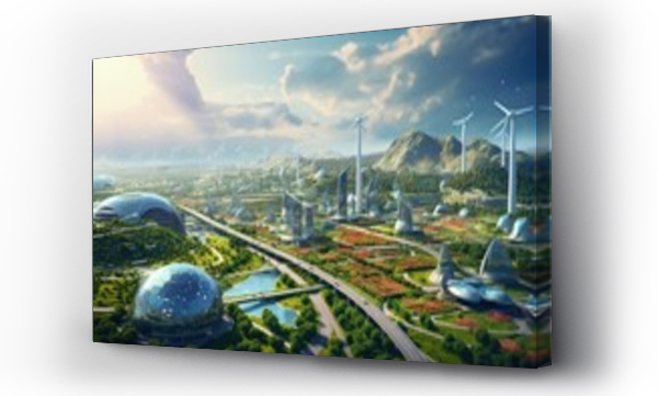 Wizualizacja Obrazu : #644584913 Eco city with wind turbines and green meadows. 3D rendering, Aerial view of a sustainable city with solar panels, wind turbines, and green roofs, AI Generated