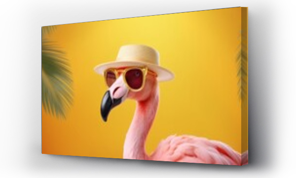 Wizualizacja Obrazu : #644627312 Pink flamingo with sunglasses and hat under palm leaf on yellow summer background 3D Rendering, 3D Illustration 
