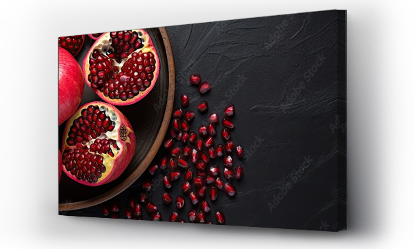 Wizualizacja Obrazu : #644919424 A black ceramic bowl holding a red pomegranate and its seeds on isolated pastel background Copy space