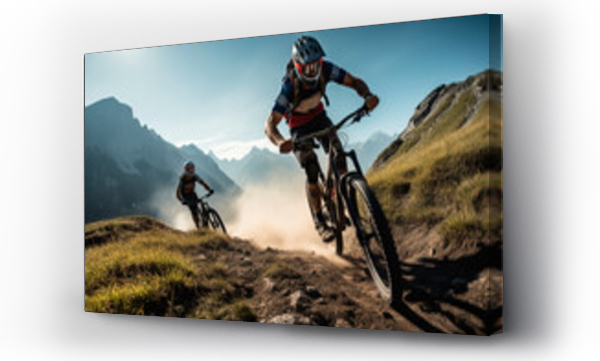 Wizualizacja Obrazu : #644962636 Mountain biking adventure in rugged terrain. Conquer challenging trails with a mountain bike amidst breathtaking mountain landscapes. generative AI 