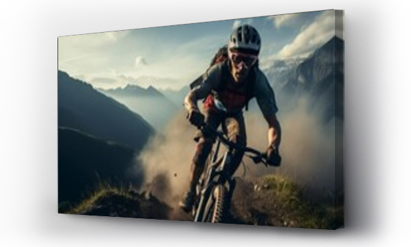 Wizualizacja Obrazu : #644963382 Mountain biking adventure in rugged terrain. Conquer challenging trails with a mountain bike amidst breathtaking mountain landscapes. generative AI