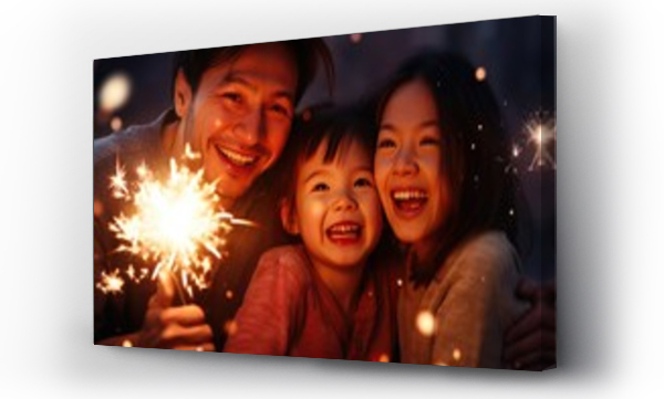 Wizualizacja Obrazu : #645030346 Glowing family enjoying a festive night, smiling and bonding, surrounded by fireworks.