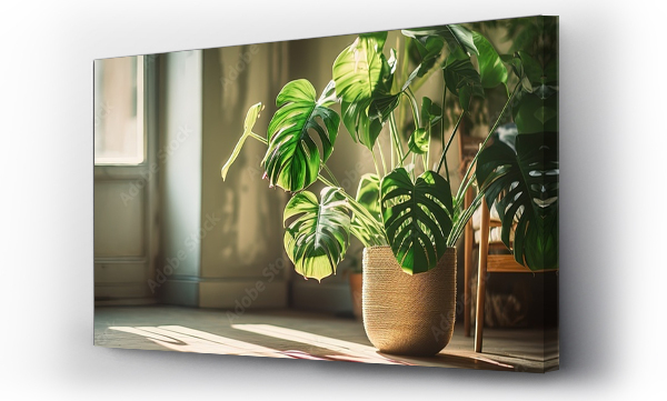 Wizualizacja Obrazu : #645140967 Green monstera plant in flowerpot on apartment floor, exposed to sunlight.