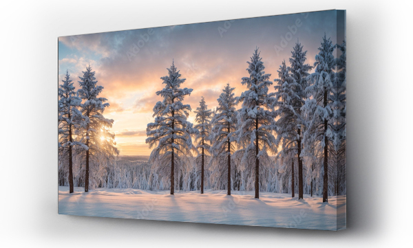 Wizualizacja Obrazu : #645440944 Pine trees covered with snow on frosty evening. Beautiful winter panorama