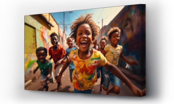 Wizualizacja Obrazu : #645444048 Group of happy black children laugh and run down the street in slum, fun carefree childhood