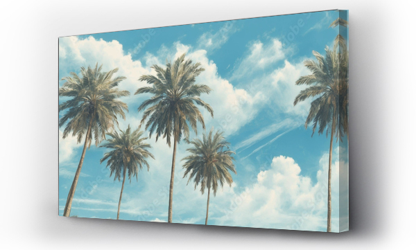 Wizualizacja Obrazu : #645448072 Blue sky and palm trees view from below, vintage style, tropical beach and summer background, travel concept