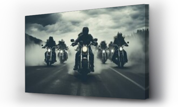 Wizualizacja Obrazu : #645583564 Silhouettes of bikers man riding speed motorcycle on empty motion road against cloudy dusky sky. Motorbike sports riding fast and having fun driving.