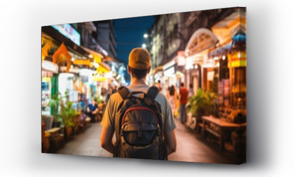 Wizualizacja Obrazu : #645663302 Young Asian traveling backpacker in Khaosan Road outdoor market in Bangkok, Thailand