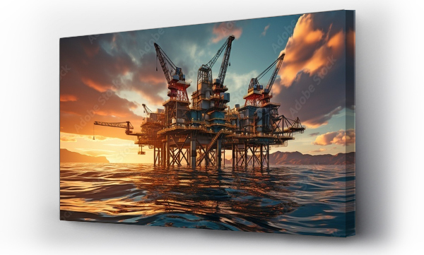 Wizualizacja Obrazu : #645677943 The sun is setting behind an oil platform in the ocean..