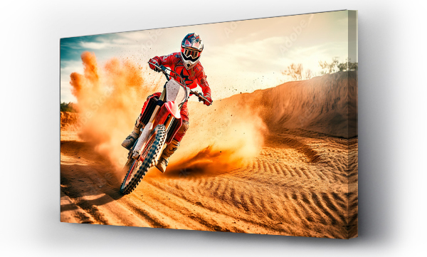 Wizualizacja Obrazu : #646366909 Extreme Motocross MX Rider riding on Sand track , desert on the background.