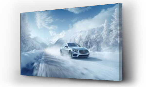 Wizualizacja Obrazu : #646964083 a car speeding down a snowy road, surrounded by a breathtaking winter landscape of snow-covered mountains and a dense forest. Emphasize the sense of motion and adventure.