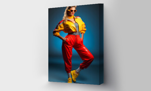 Wizualizacja Obrazu : #647330412 Sporty woman in Retro 80s colorful exercise suit fashion shoot in studio
