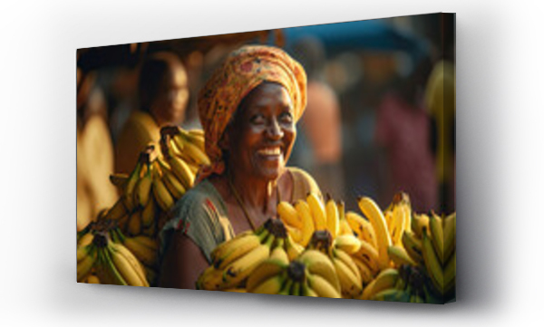 Wizualizacja Obrazu : #647606613 Joyful african american woman smiling selling bunch of bananas in fruit market on street. Generative Ai