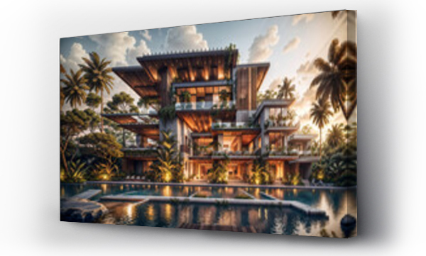 Wizualizacja Obrazu : #647614113 Luxury jungle villa with roof garden, glass villa with a sloping roof, modern House