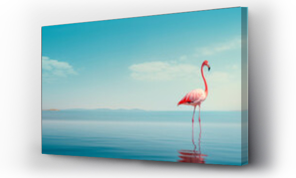 Wizualizacja Obrazu : #647718137 A pink flamingo standing alone in a blue lake water