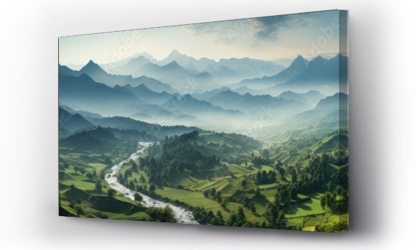 Wizualizacja Obrazu : #647852411 This panoramic masterpiece captures the essence of a mist-shrouded mountain valley, its verdant expanse punctuated by gently flowing stream.