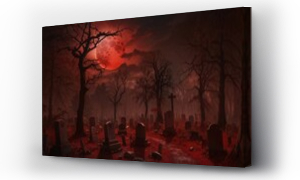 Wizualizacja Obrazu : #647877887 Horror graveyard ghostly tree silhouettes in bloody red moon night. Eerie pumpkins and barren trees in a dark graveyard, Halloween Background