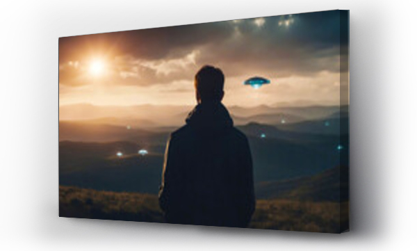 Wizualizacja Obrazu : #647890278 Back View of Man Gazing at UFO in Alien Invasion Scene, Mysterious Flying Saucer in Dramatic Sky, Conceptual Sci-Fi Photography.