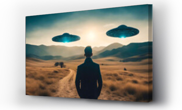 Wizualizacja Obrazu : #647894076 Back View of Man Gazing at UFO Alien Invasion in the Sky, Astonishing Extraterrestrial Sighting Concept, Science Fiction.