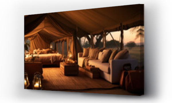 Wizualizacja Obrazu : #647896173 Luxury safari tent set up in the wilderness, complete with plush furnishings and a private view of the savanna
