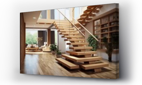 Wizualizacja Obrazu : #647917385 Modern interior design - stairs in wooden finishing 8k,