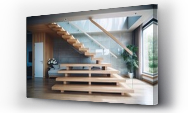 Wizualizacja Obrazu : #647919375 Modern natural ash tree wooden stairs in new house interior. Stairs architecture interior design of contemporary, Modern house building stairway. Luxury fashionable modern design studio apartment. 8k,