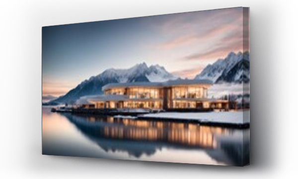 Wizualizacja Obrazu : #648223997 Modern futuristic architecture home reflected in lake surrounded by mountains design concept background, architectural banner with copy space text 