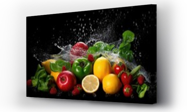Wizualizacja Obrazu : #648490839 fresh fruits and vegetables with water splashes black background